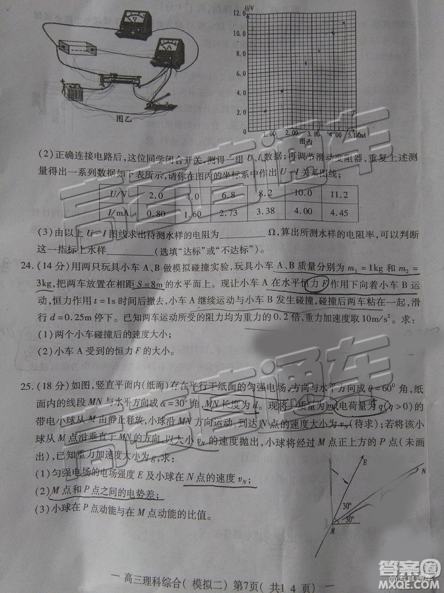 2019年南昌二模文理綜試題及參考答案