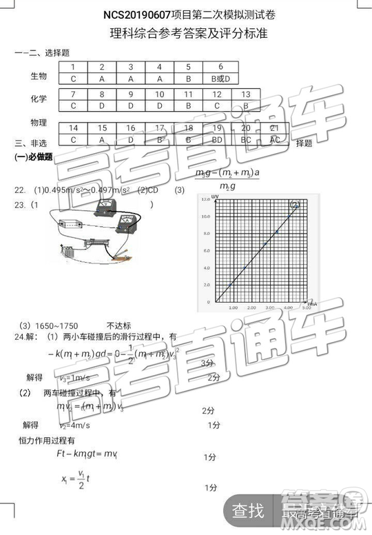 2019年南昌二模文理綜試題及參考答案