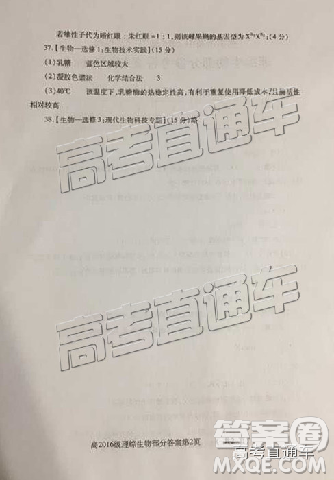 2019年德陽三診文理綜參考答案