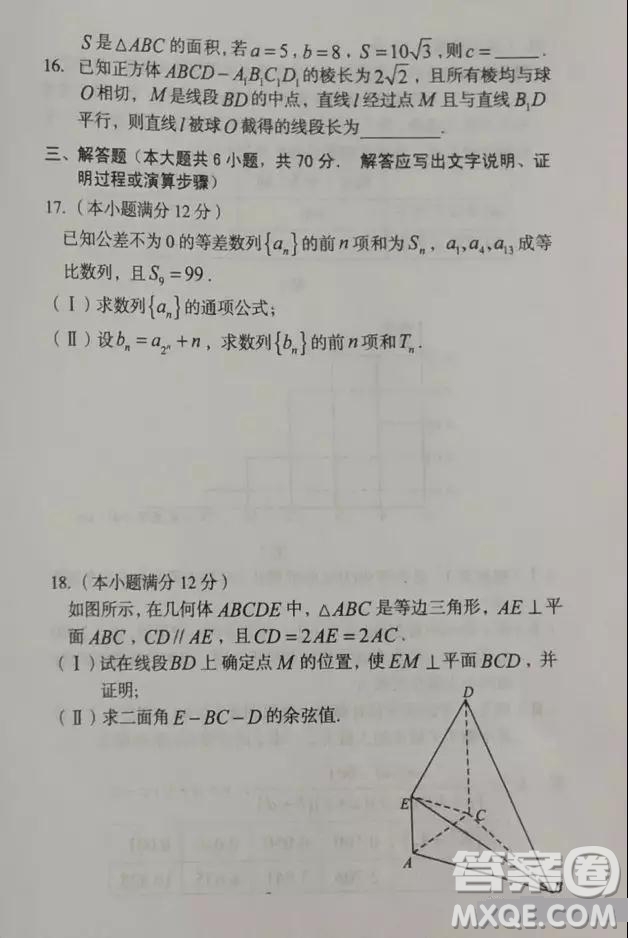 2019屆安徽省毛坦廠中學高三校區(qū)4月聯(lián)考理數(shù)試題及答案