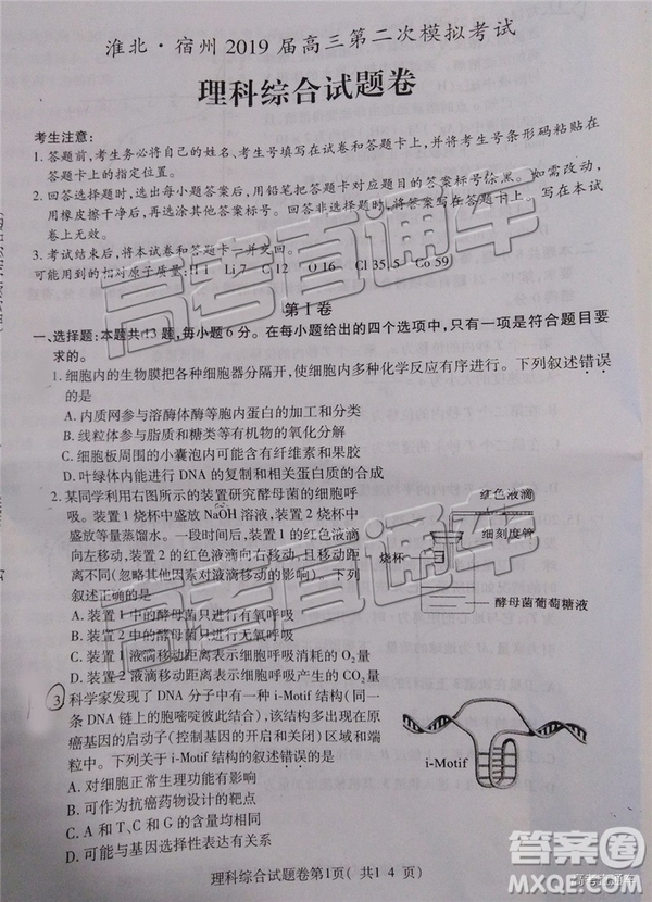 2019年淮北二模文理綜試題及參考答案