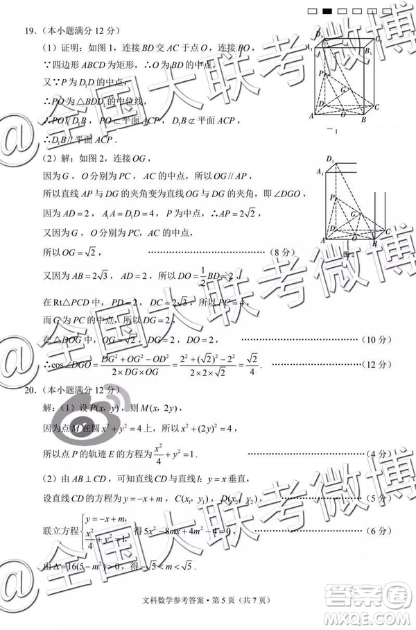 2019年云南民族中學(xué)高三第七次月考文理數(shù)參考答案