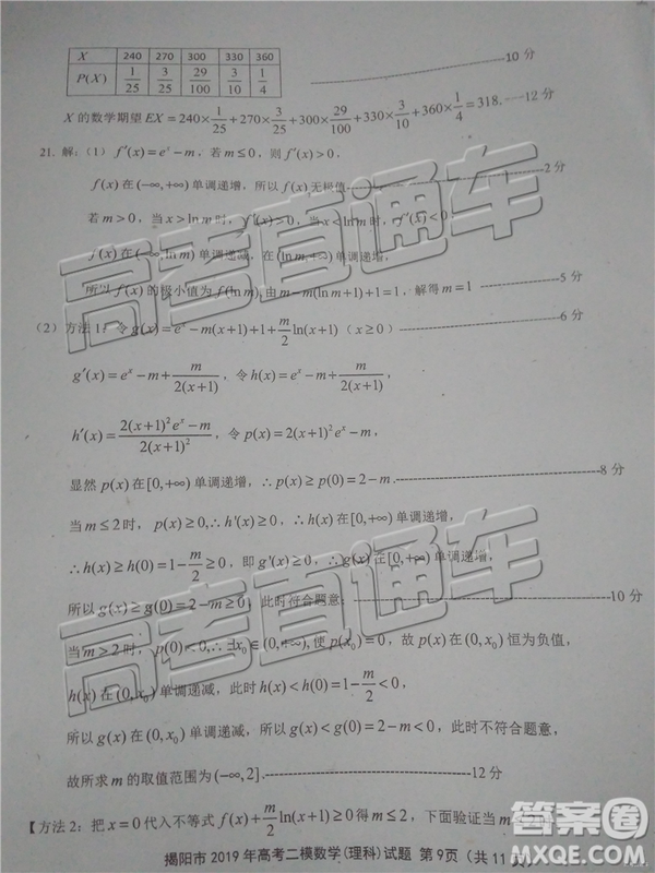 2019年揭陽(yáng)二模理數(shù)試題及參考答案