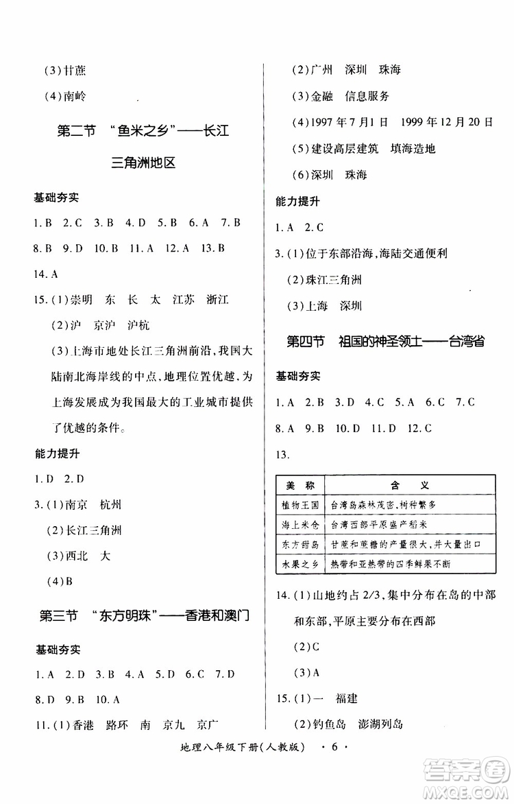 2019年一課一練創(chuàng)新練習八年級下冊地理人教版參考答案