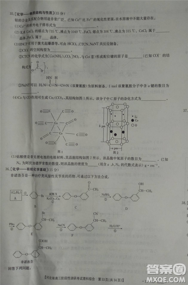 2019年河北省高三階段性調(diào)研考試四月聯(lián)考理綜試題及答案