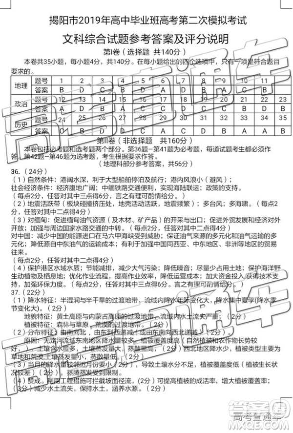 2019年揭陽二模文綜試題及參考答案