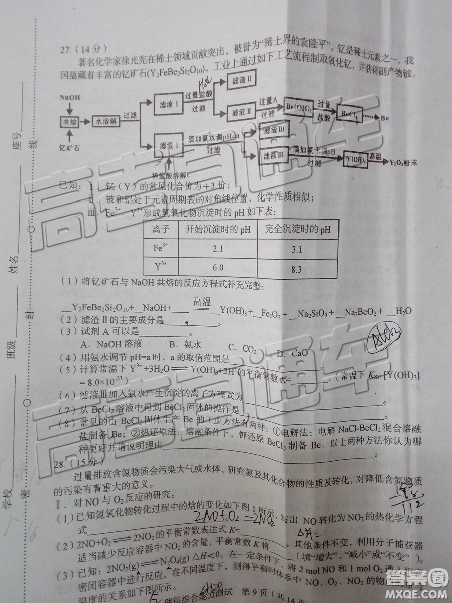 2019年漳州三檢、龍巖二檢理綜試題及參考答案