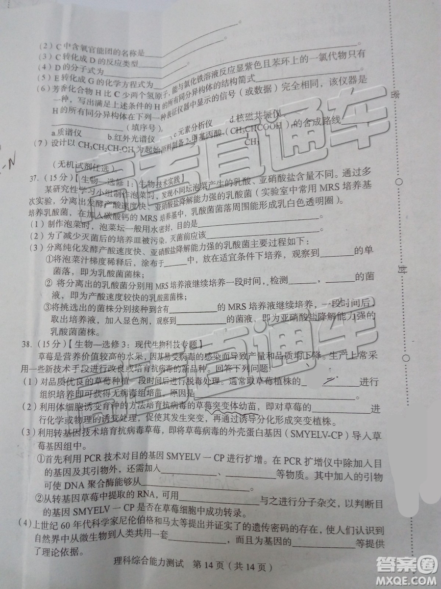 2019年漳州三檢、龍巖二檢理綜試題及參考答案