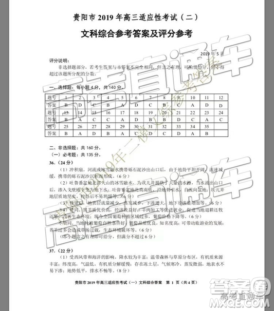 2019年貴陽(yáng)二模文綜試題及參考答案