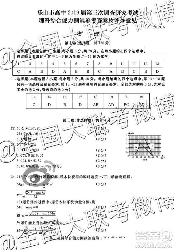 2019年5月高三樂山三調(diào)文理綜參考答案