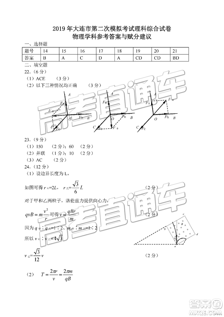 2019年大連二模文理綜試題及參考答案