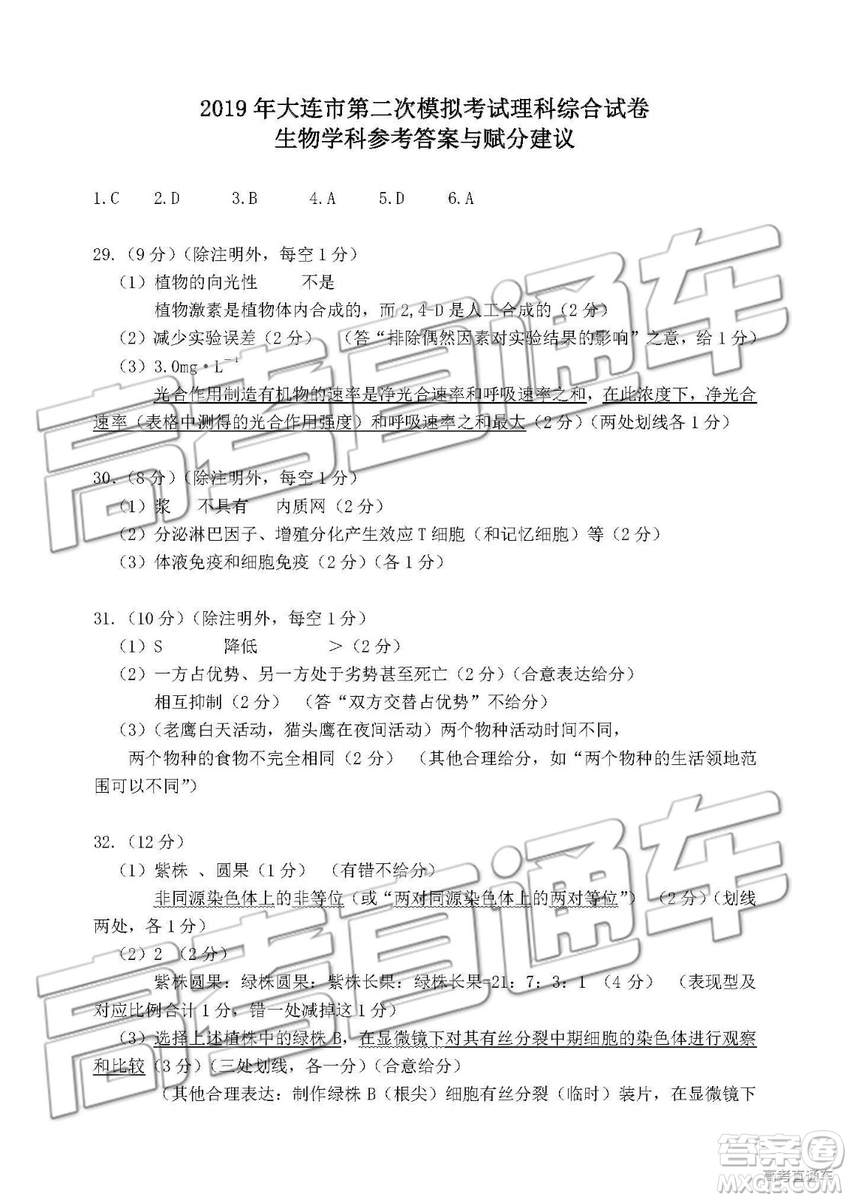 2019年大連二模文理綜試題及參考答案