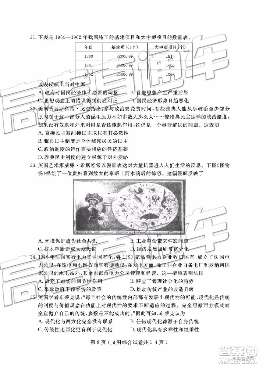 2019年大連二模文理綜試題及參考答案