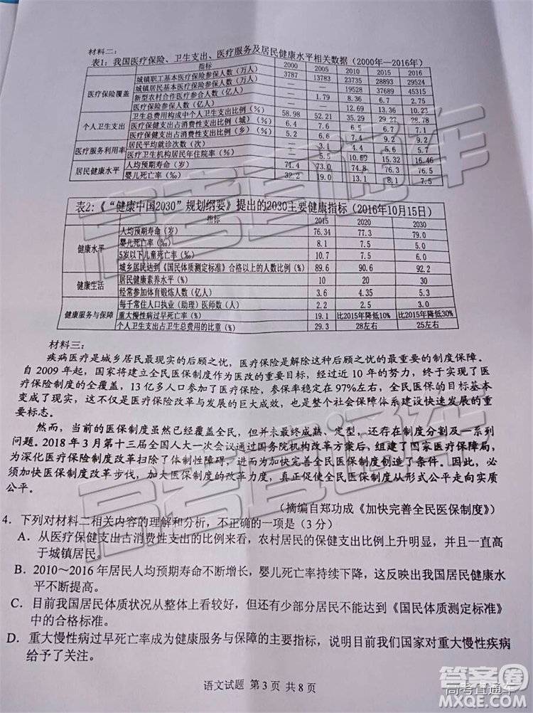 2019馬鞍山三模語文試題及參考答案