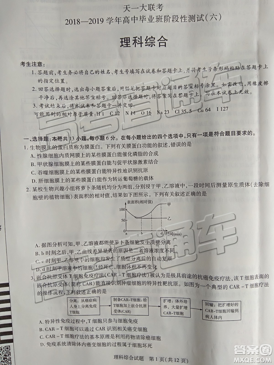 2019年天一大聯(lián)考高中畢業(yè)班階段性測試六河南H版文理綜試題及參考答案