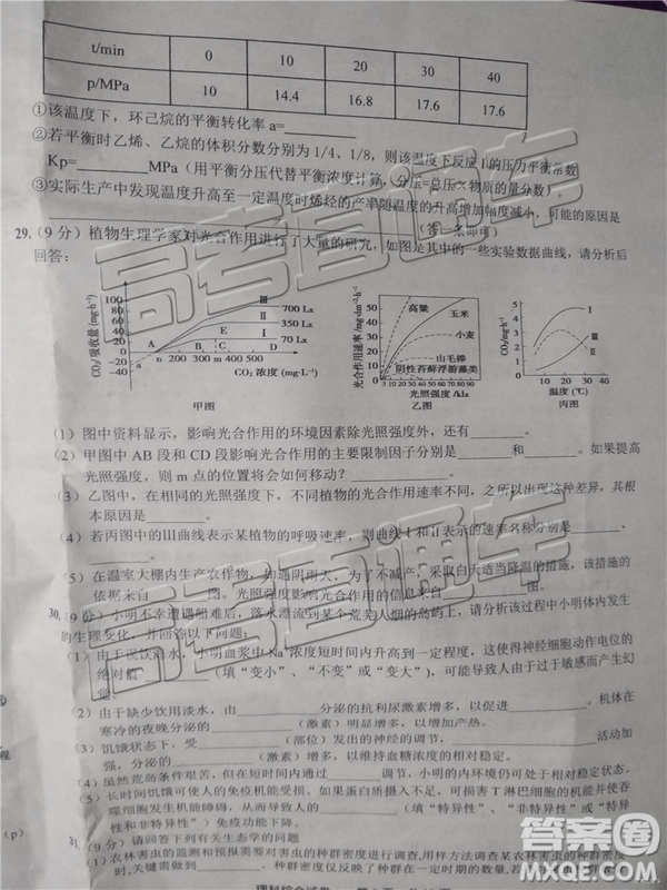 2019年上饒三模文理綜試題及參考答案