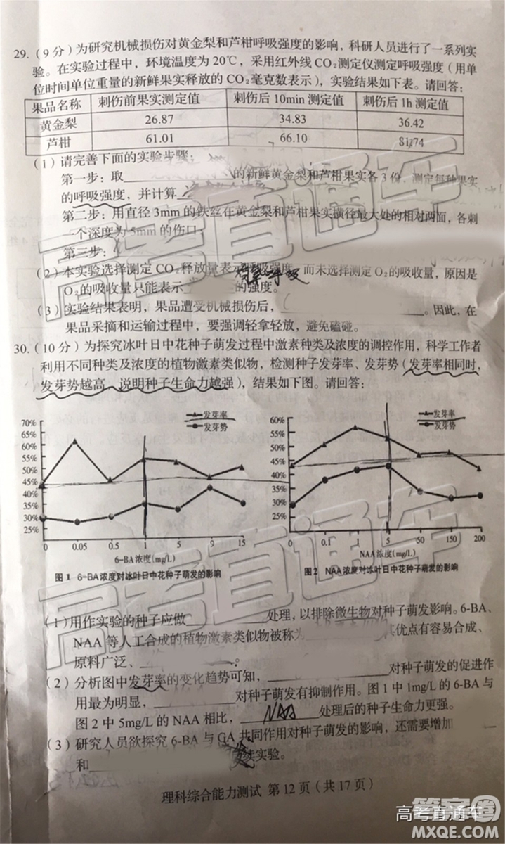 2019年長春四模文理綜試題及參考答案