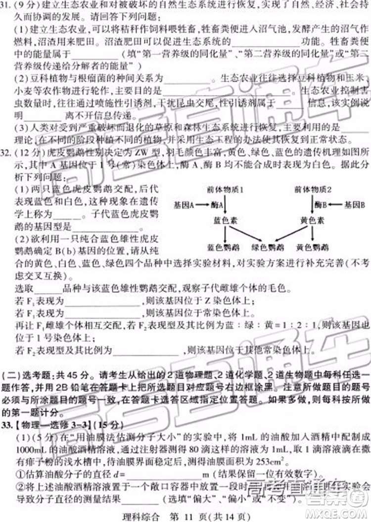 2019年石家莊二模文理綜試題及參考答案