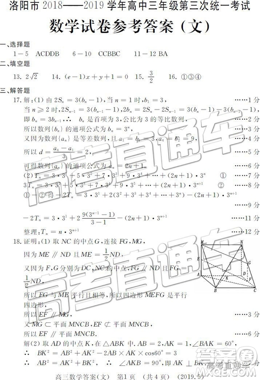 2019年5月洛陽三統(tǒng)文理數(shù)參考答案