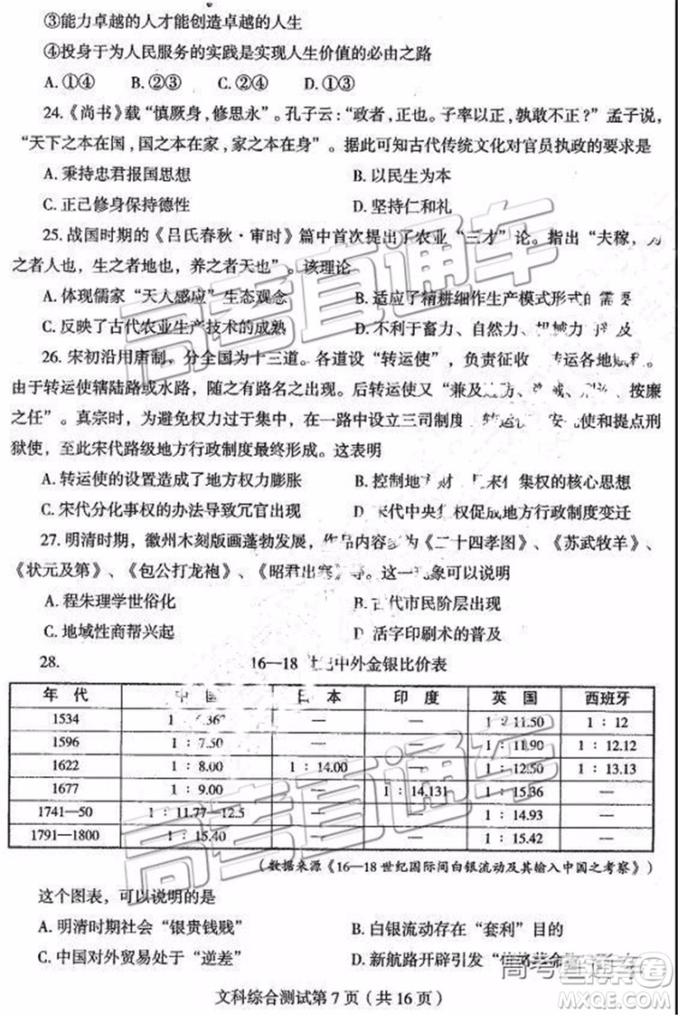 2019年東北三省四市二模文理綜試題及參考答案