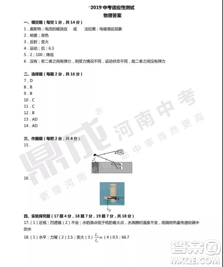 中招模擬2019年鄭州二模物理試題與答案