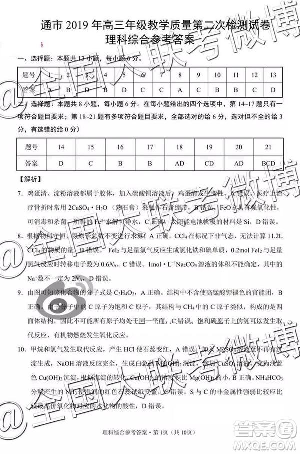 2019年5月昭通市統(tǒng)測(cè)理綜參考答案