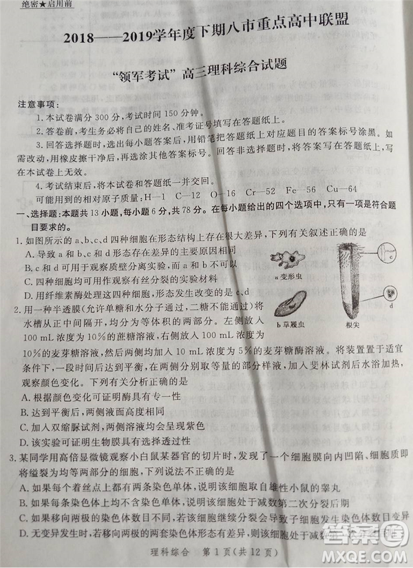 2019年5月河南省八市重點(diǎn)高中聯(lián)盟領(lǐng)軍考試?yán)砭C試題及答案