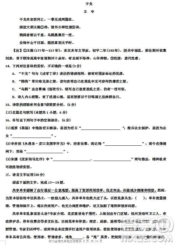 衡水金卷2019年高三第二學(xué)期先享題五月壓軸卷二語(yǔ)文試題及答案