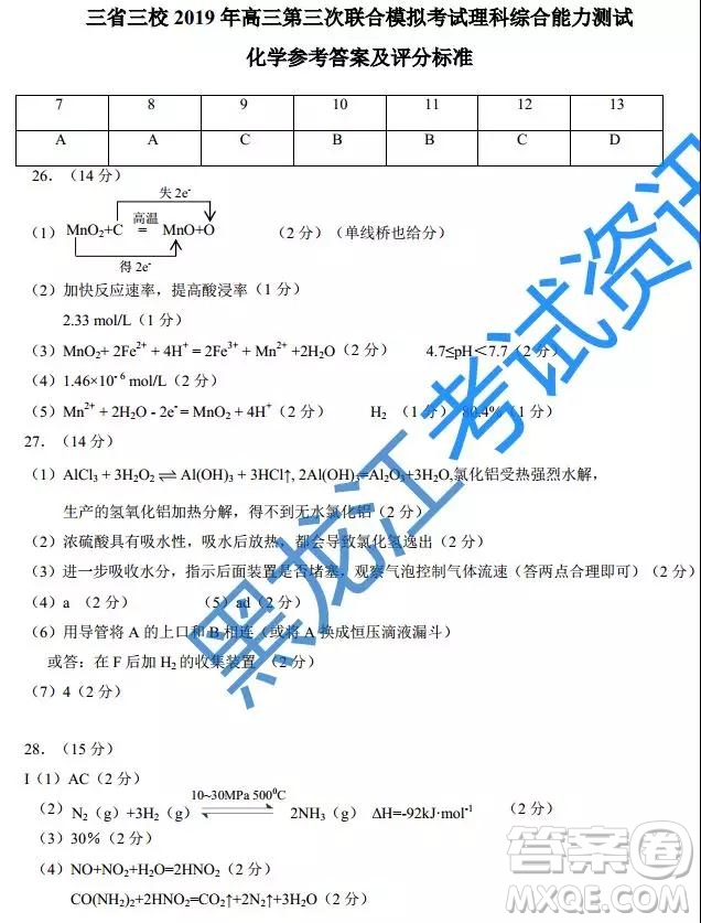 2019年哈師大附中三模文理綜參考答案