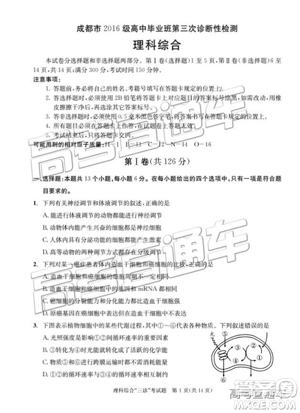 2019年成都三診文理綜參考答案