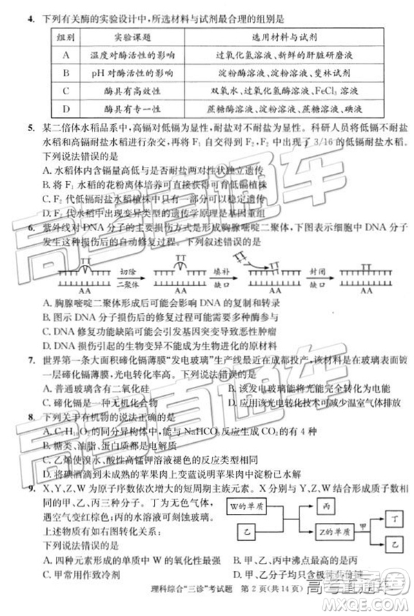 2019年成都三診文理綜參考答案