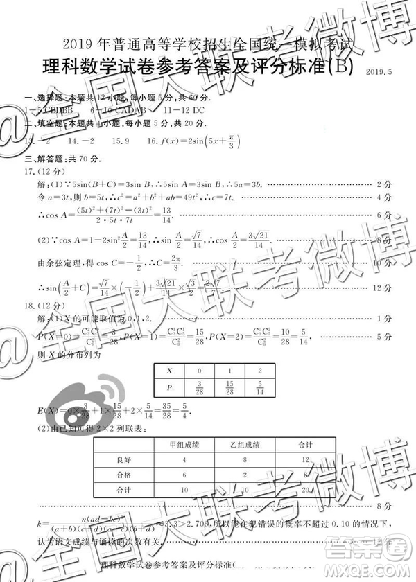 2019年5月普通高等學校招生全國統(tǒng)一模擬考試A卷B卷理數(shù)參考答案