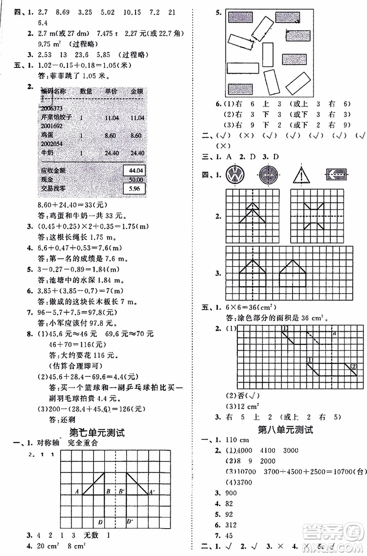 小兒郎2019年53全優(yōu)卷小學(xué)數(shù)學(xué)四年級下冊試卷RJ人教版參考答案