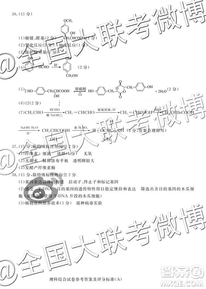 2019年5月普通高等學(xué)校招生全國(guó)統(tǒng)一模擬考試A卷B卷理綜參考答案