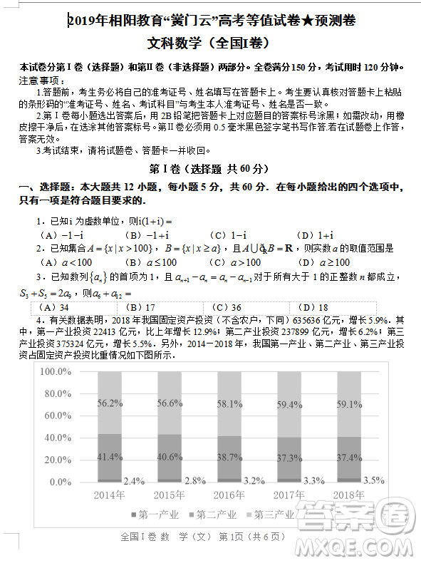 2019年相陽教育黌門云高考等值試卷預(yù)測(cè)卷全國(guó)Ⅰ卷文理數(shù)試題及答案