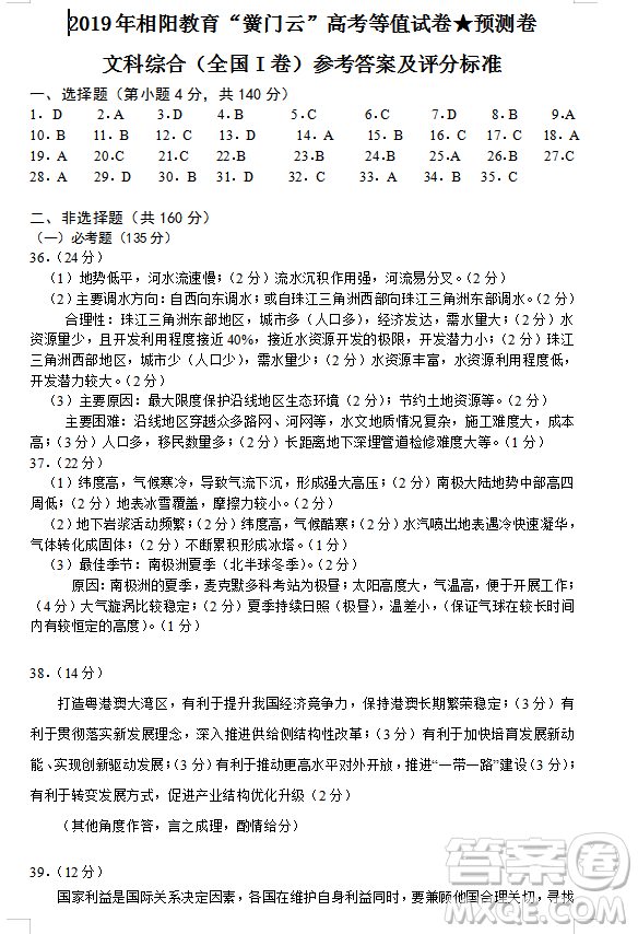 2019年相陽教育黌門云高考等值試卷預(yù)測(cè)卷全國Ⅰ卷文理綜答案