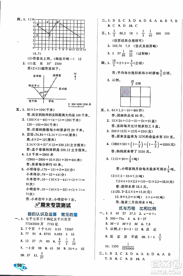 小兒郎2019年53全優(yōu)卷小學(xué)數(shù)學(xué)六年級(jí)下冊(cè)試卷SJ蘇教版參考答案