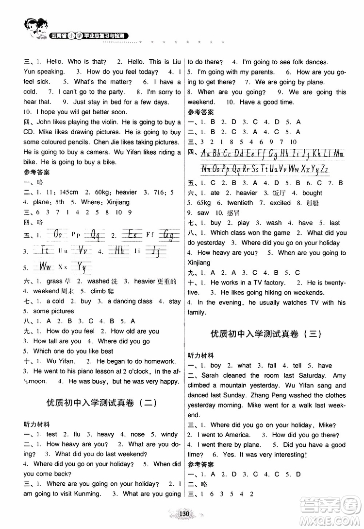 晨光全優(yōu)2019年云南省小學(xué)畢業(yè)總復(fù)習(xí)與檢測(cè)英語人教版PEP參考答案