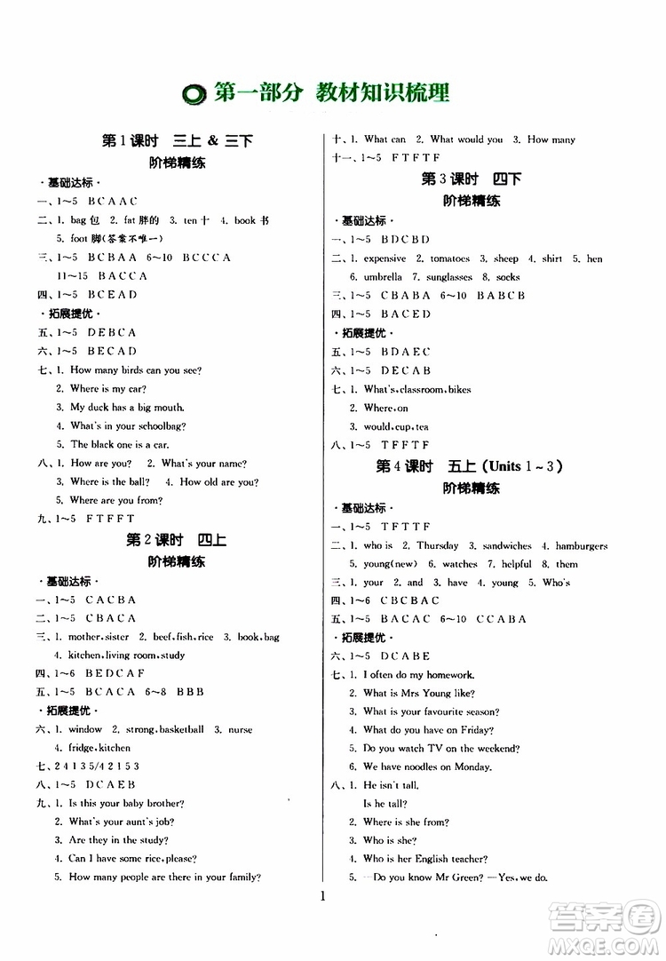 春雨教育2019版實驗班小學畢業(yè)總復習英語人教版RJPEP參考答案