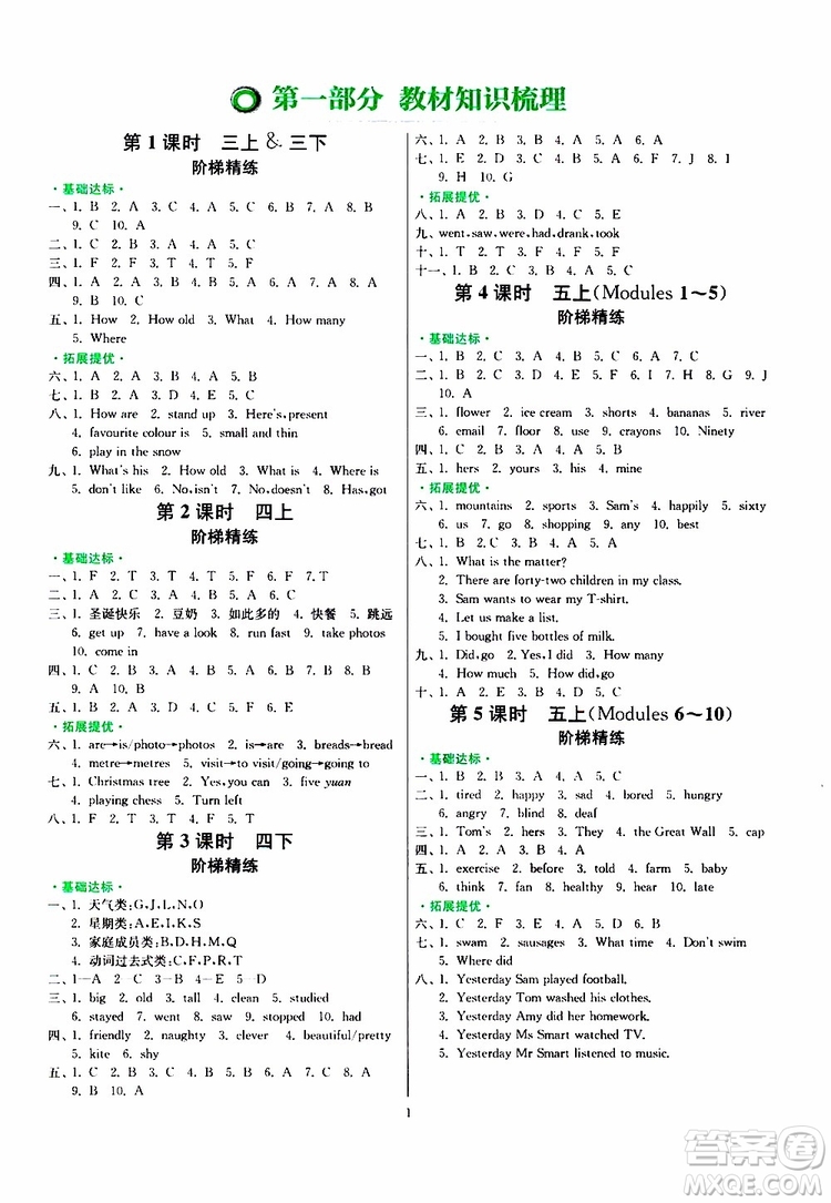 2019新版春雨教育實驗班小學(xué)畢業(yè)總復(fù)習(xí)英語外研版WY版參考答案