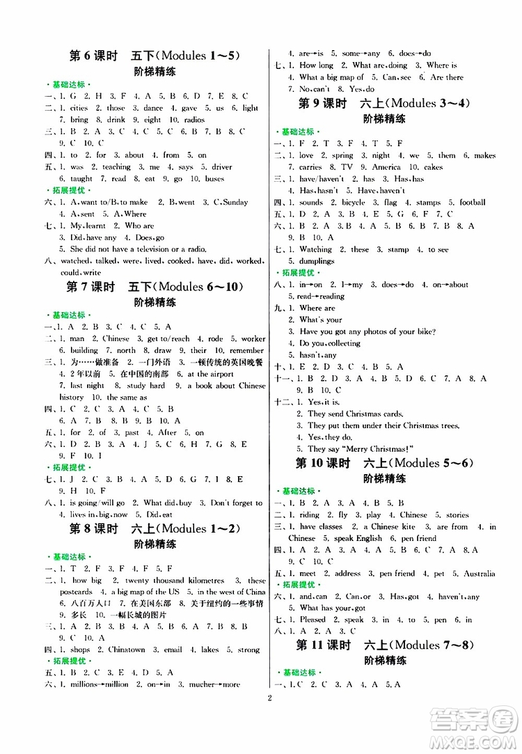 2019新版春雨教育實驗班小學(xué)畢業(yè)總復(fù)習(xí)英語外研版WY版參考答案