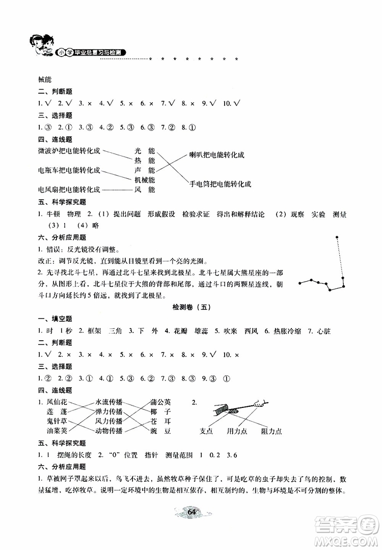 晨光全優(yōu)2019年云南省小學畢業(yè)總復習與檢測科學參考答案