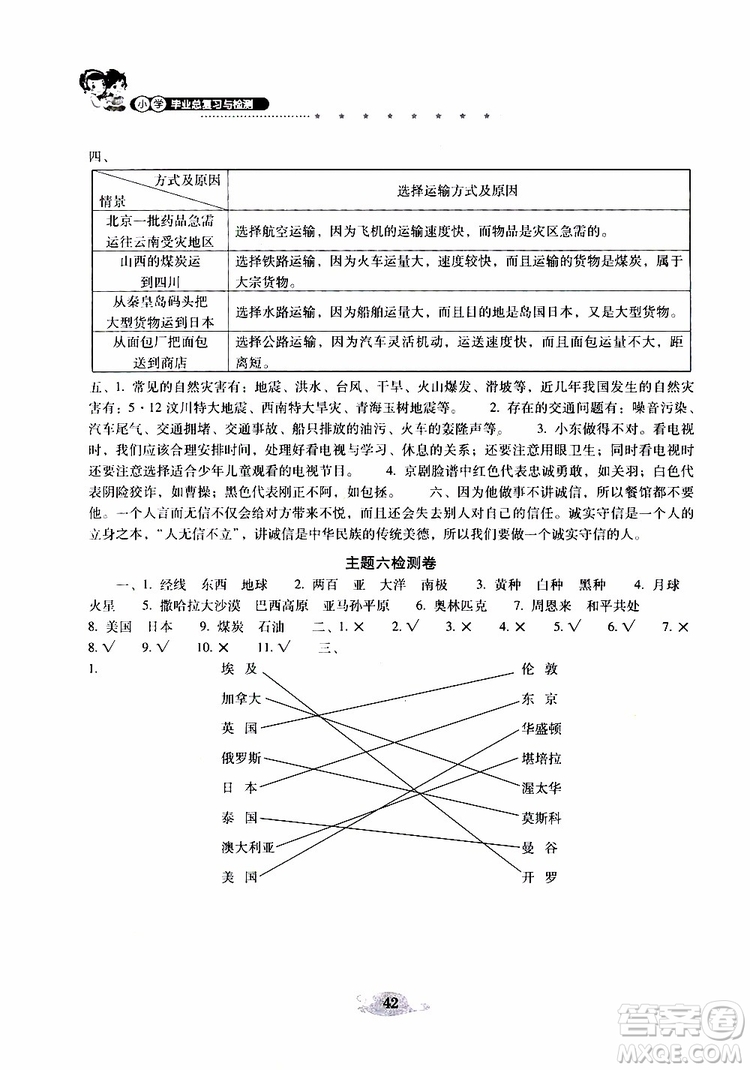 晨光全優(yōu)2019年云南省小學(xué)畢業(yè)總復(fù)習(xí)與檢測品德與社會(huì)參考答案