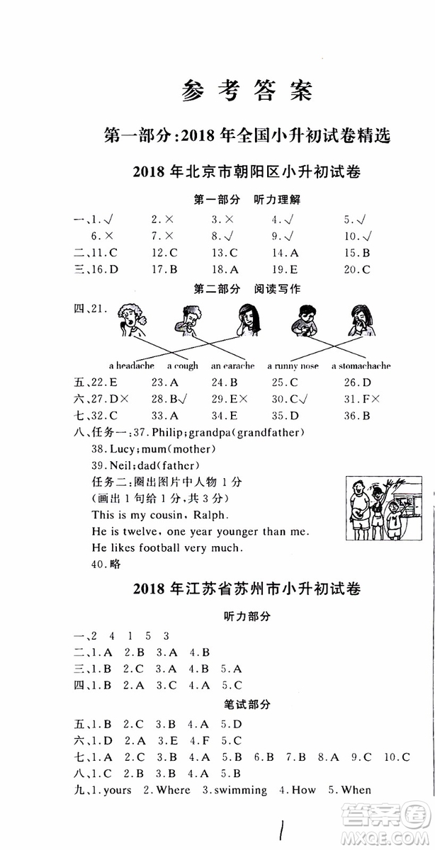 2019新版金題金卷小升初重點校入學測試卷英語參考答案