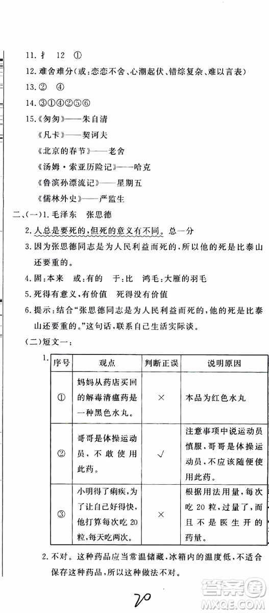 2019新版金題金卷小升初重點(diǎn)校入學(xué)測(cè)試卷語文參考答案