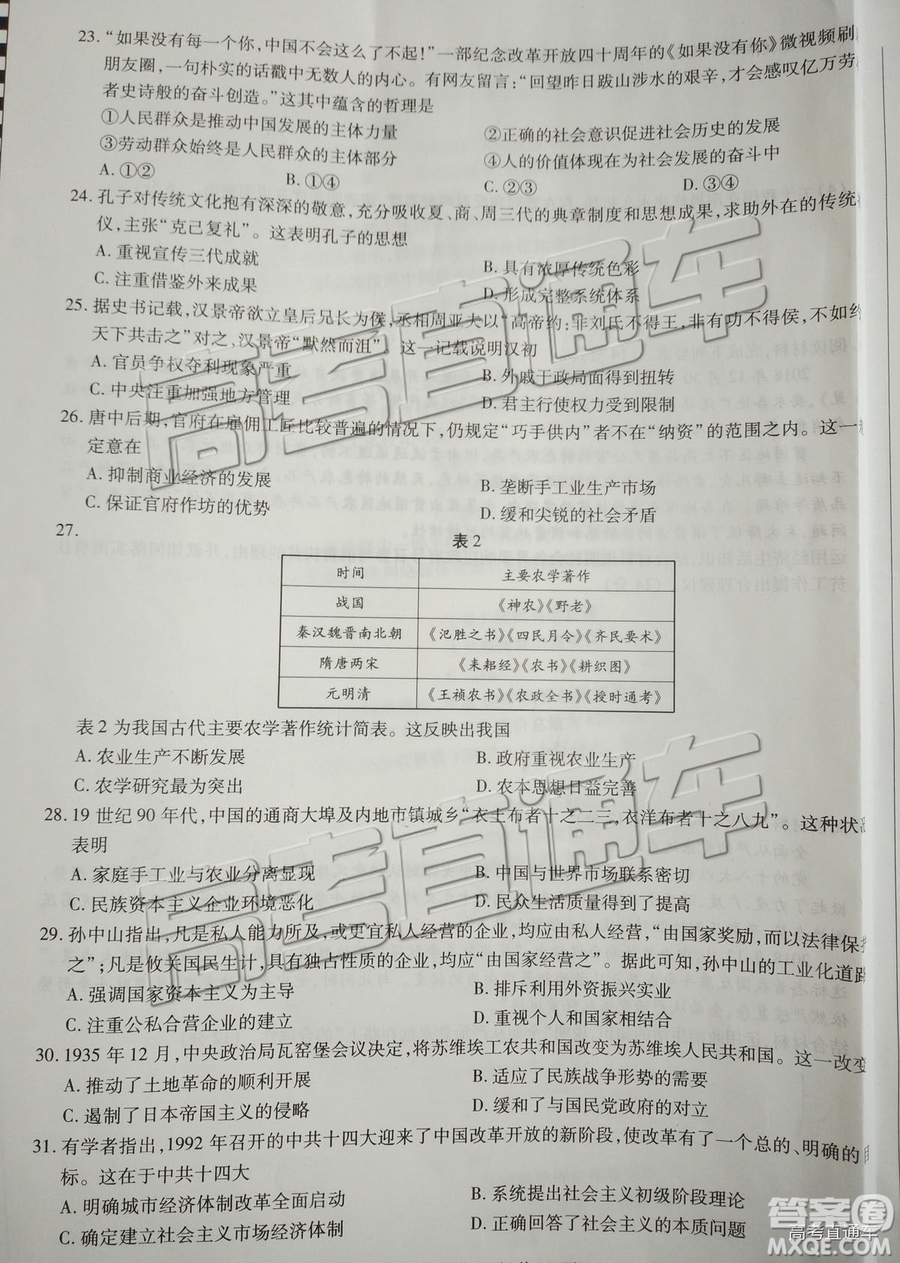 2019年福州三檢文綜試題及參考答案