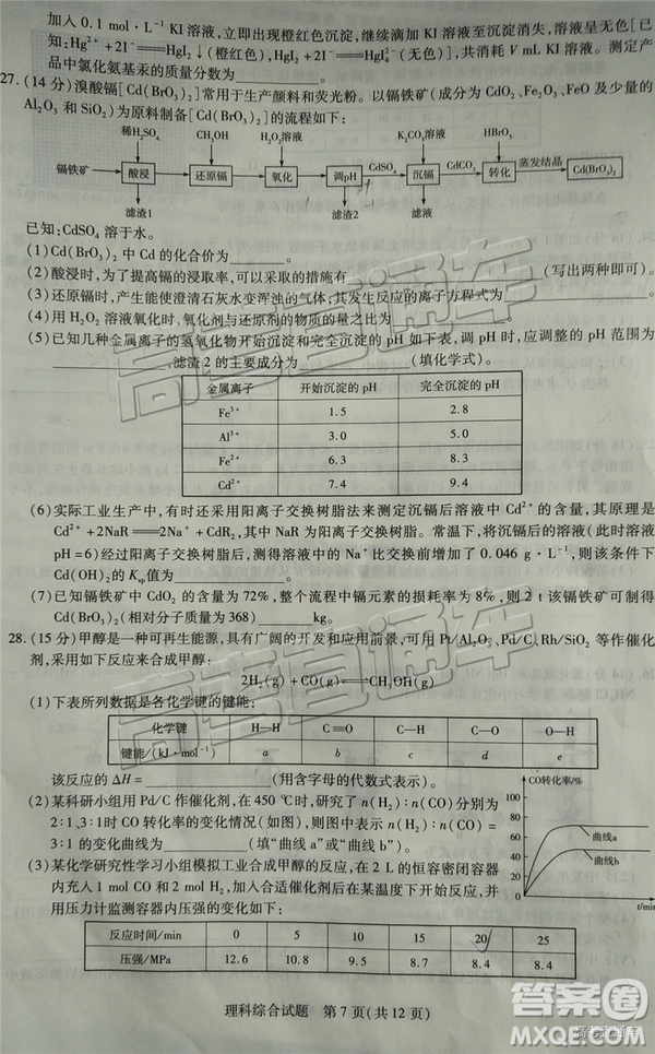 2019年福州三檢理綜試題及參考答案