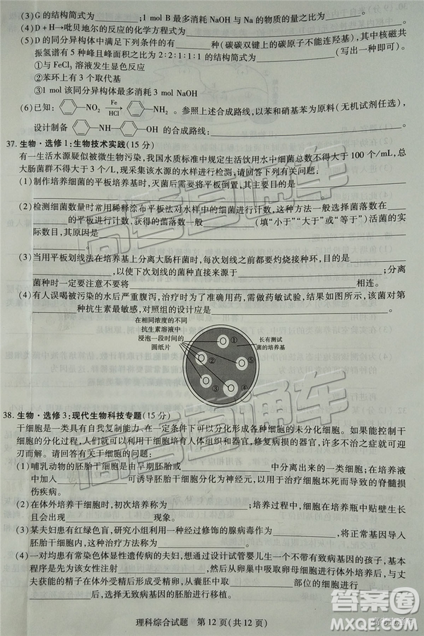 2019年福州三檢理綜試題及參考答案