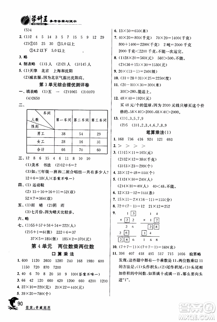 2019年實驗班提優(yōu)訓練三年級下冊數(shù)學RMJY人教版參考答案