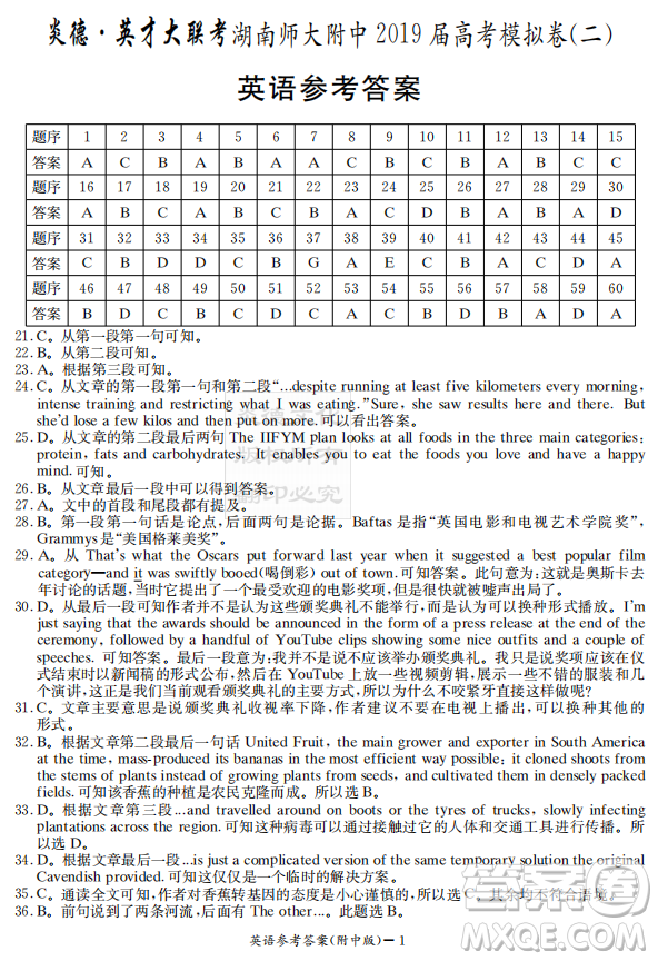 2019年炎德英才大聯(lián)考湖南師大附中高考模擬卷二英語(yǔ)試卷及答案